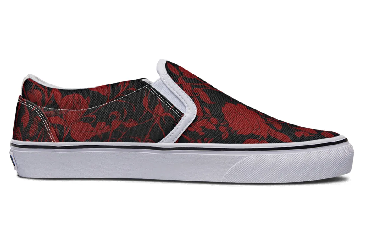 Blood Rose Romance Slipons - Comfortable Vegan Canvas Shoes with Easy Elastic In-Step