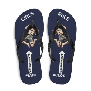 GIRLS RULE flip flops with CRUSHED TINY MAN underfoot midnight blue fabric NEW (2020-05-10)