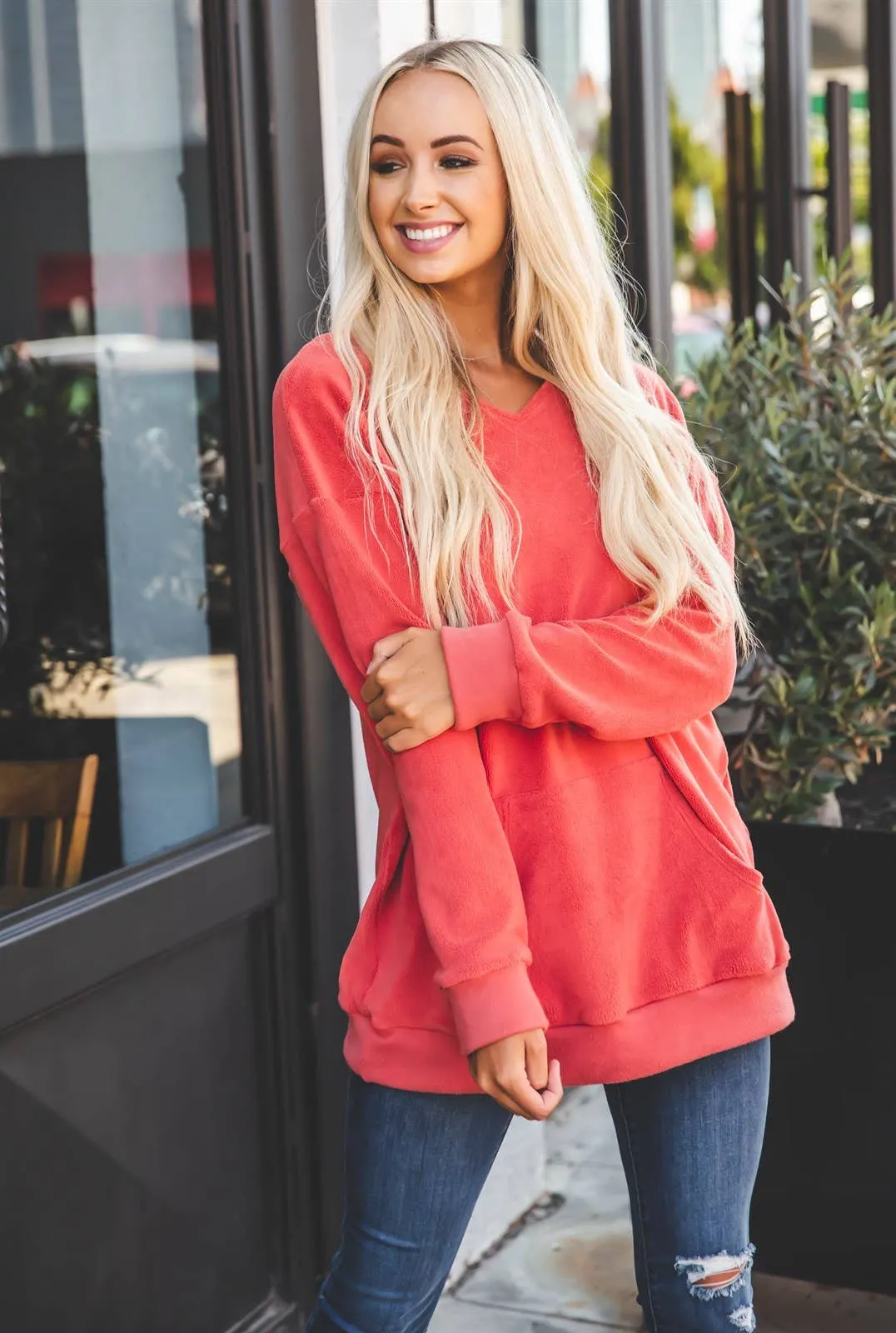 Oversized Fleece Pullover w/ Pockets - Coral
