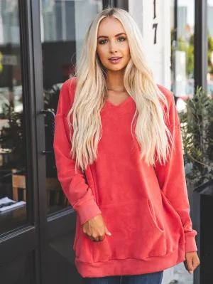 Oversized Fleece Pullover w/ Pockets - Coral
