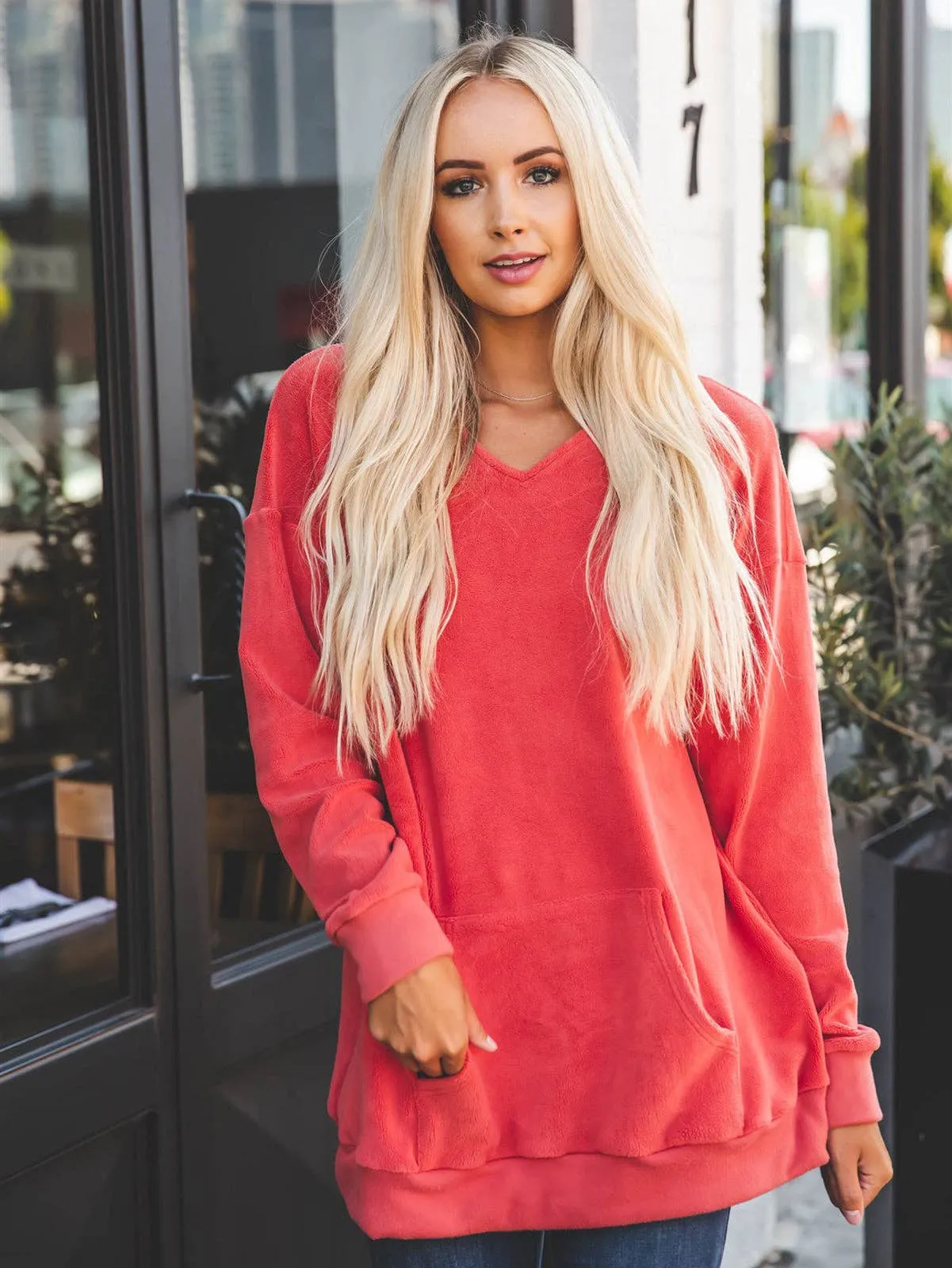 Oversized Fleece Pullover w/ Pockets - Coral