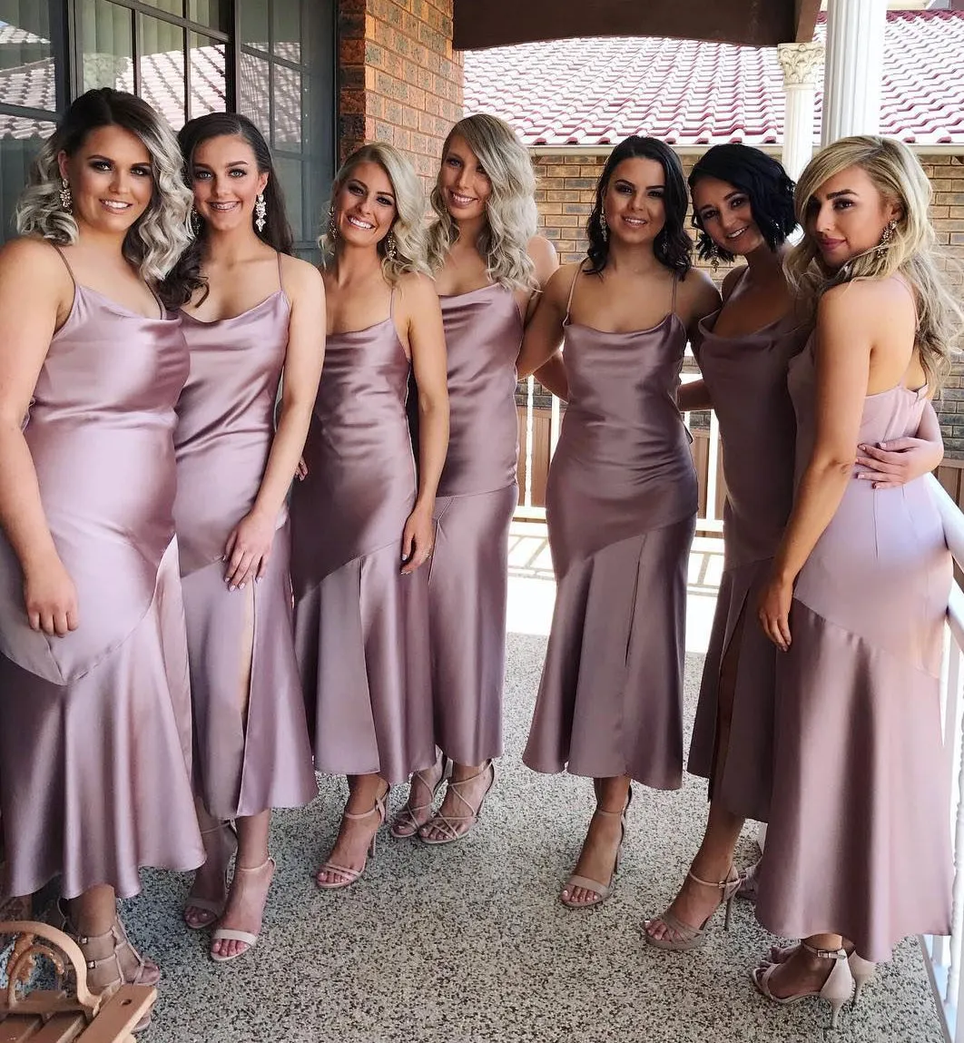 Simple Spaghetti Straps Tea-Length Mermaid Bridesmaid Dresses Prom Dress with Slit UQB0016