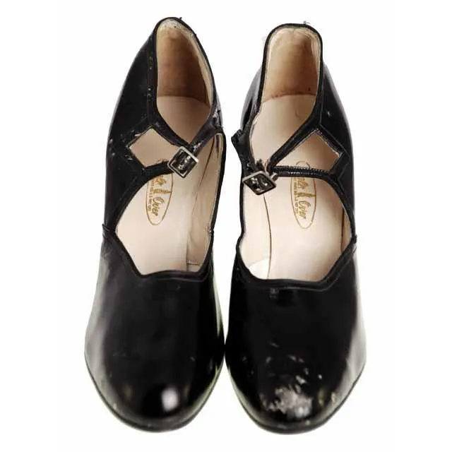 Vintage Black Mary Jane Style Heels Patent Leather Shoes 1920 NIB  EU37 US 6.5N