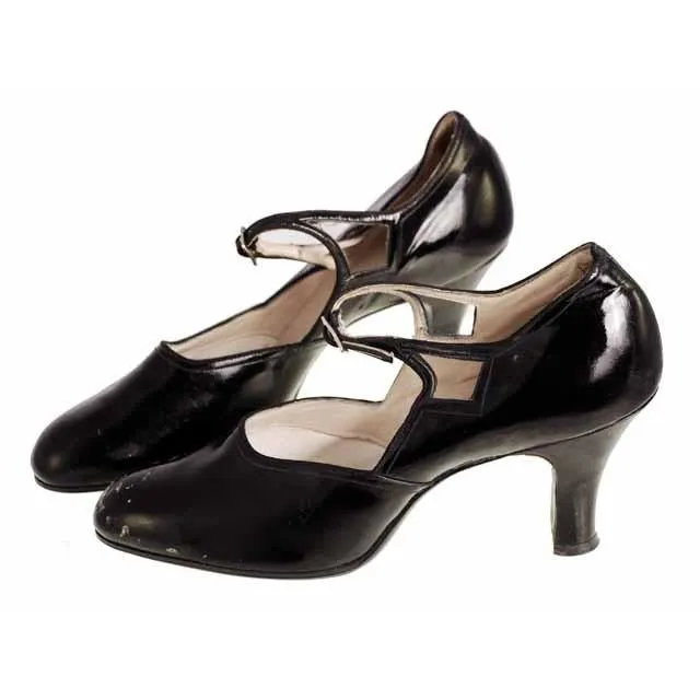 Vintage Black Mary Jane Style Heels Patent Leather Shoes 1920 NIB  EU37 US 6.5N