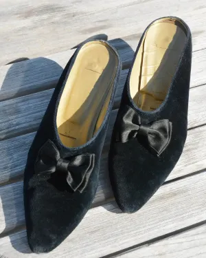 Vintage Black Velvet Bow Kitten Heel Mules
