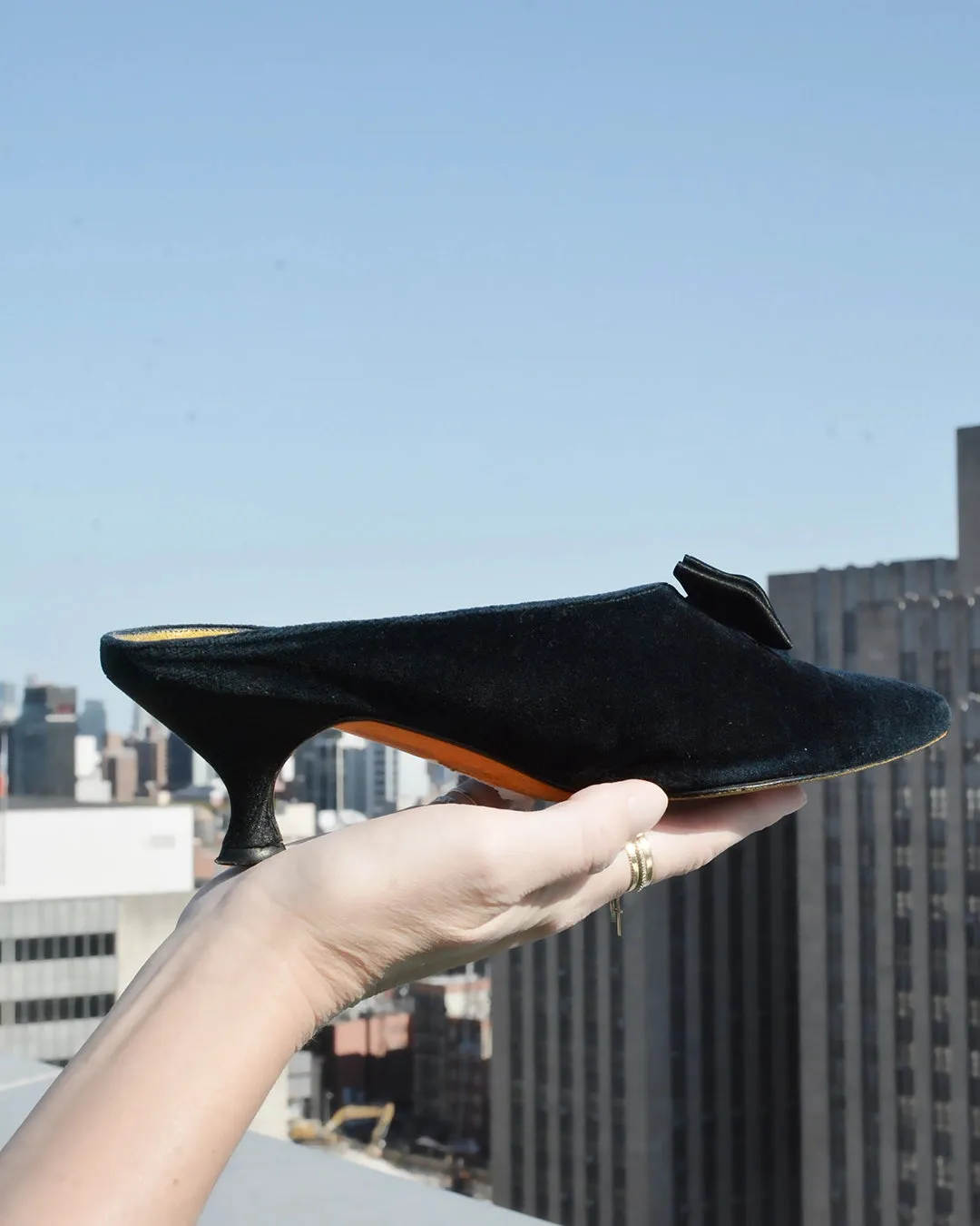 Vintage Black Velvet Bow Kitten Heel Mules