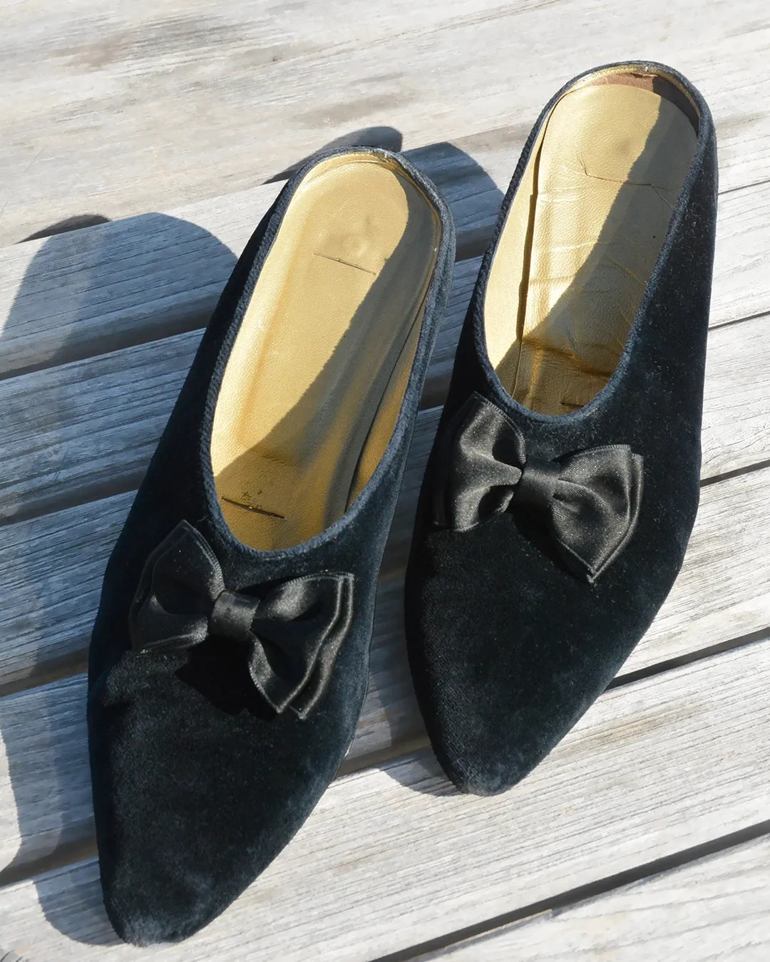 Vintage Black Velvet Bow Kitten Heel Mules