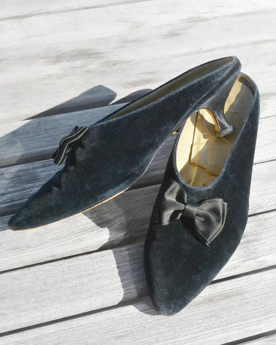 Vintage Black Velvet Bow Kitten Heel Mules