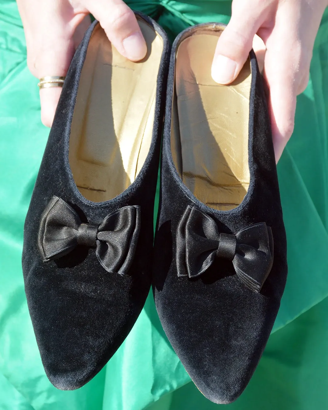 Vintage Black Velvet Bow Kitten Heel Mules