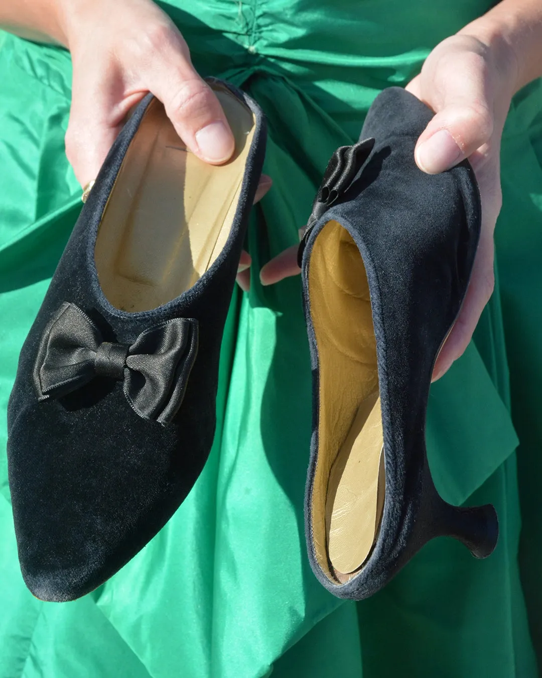 Vintage Black Velvet Bow Kitten Heel Mules
