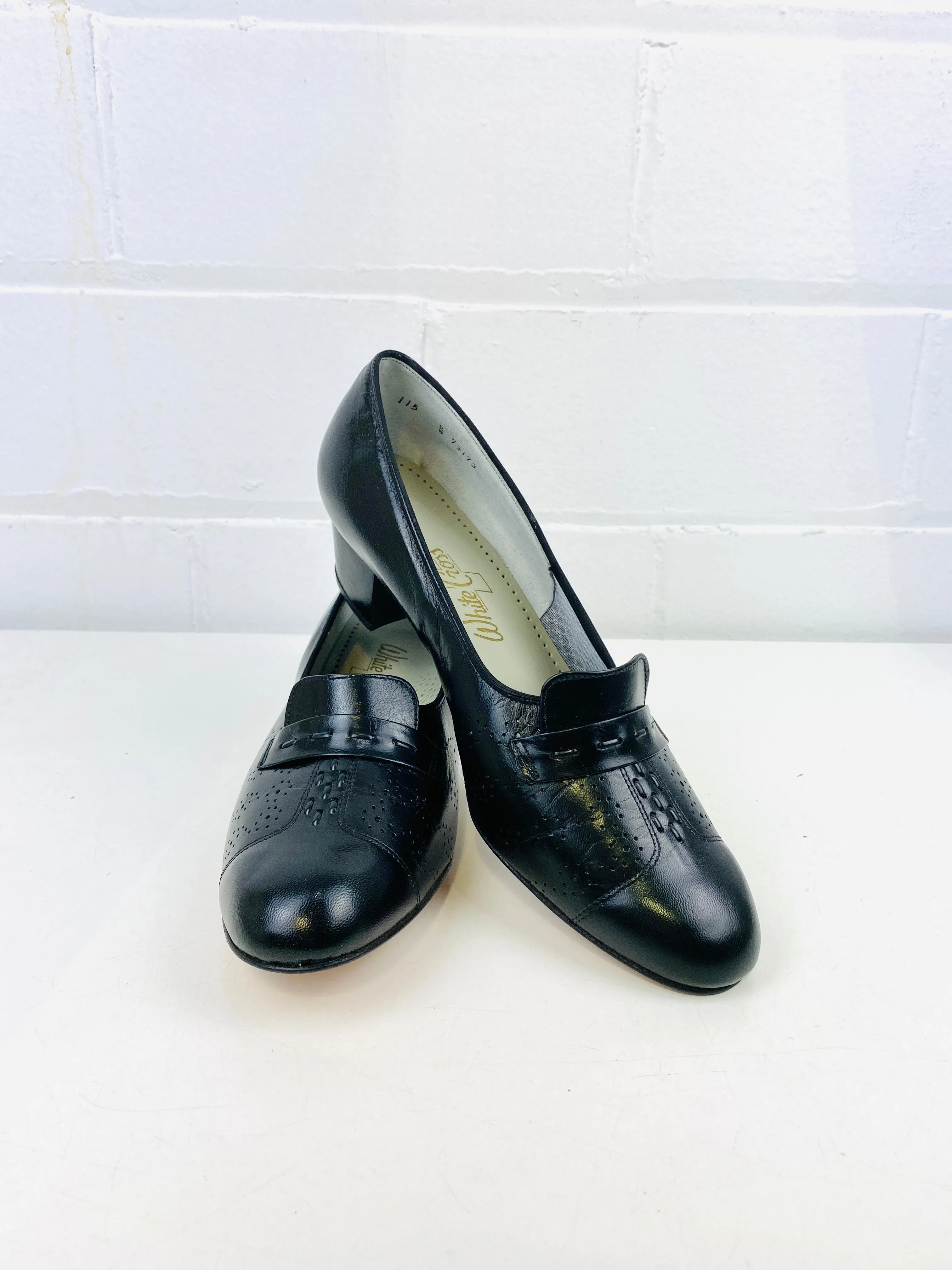 Vintage Deadstock Shoes, Women's 1980s Black Leather Cuban Heel Pumps, NOS, 8195