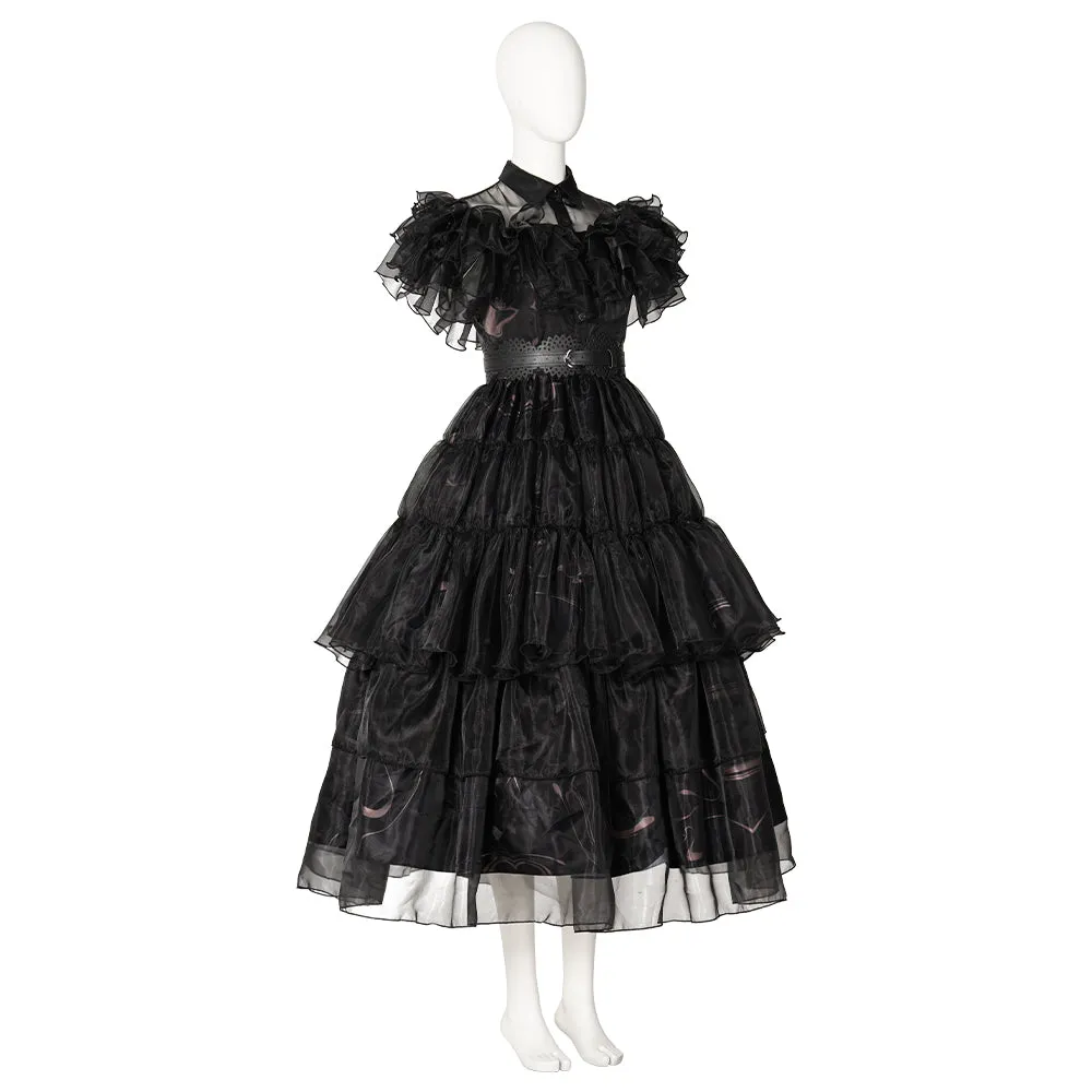 Wednesday 2022 Netflix Addams Family Wednesday Addams Black Ruffle Gown Cosplay Costume - Premium Version