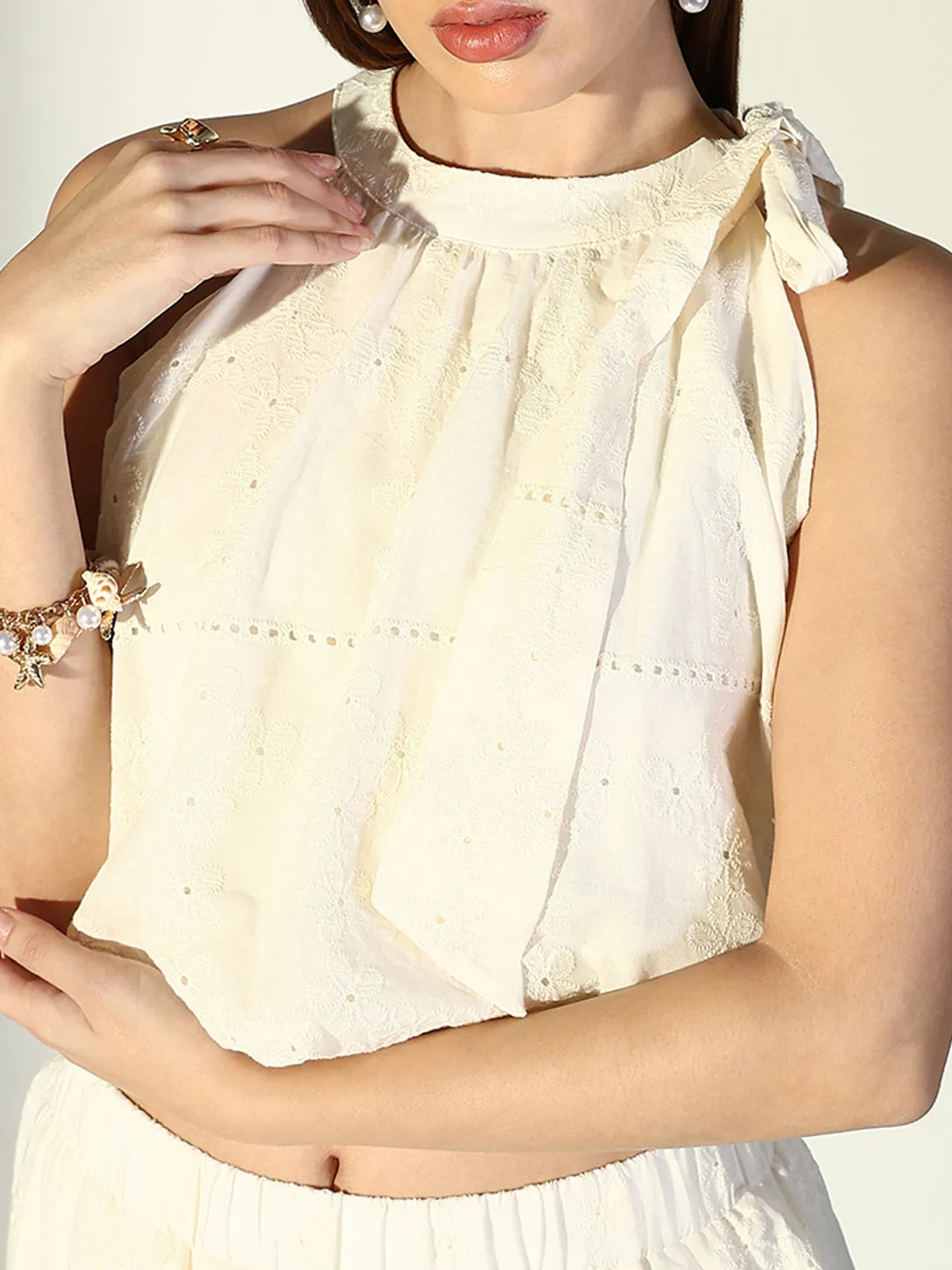 Women Embroidered Cream Co Ords Set