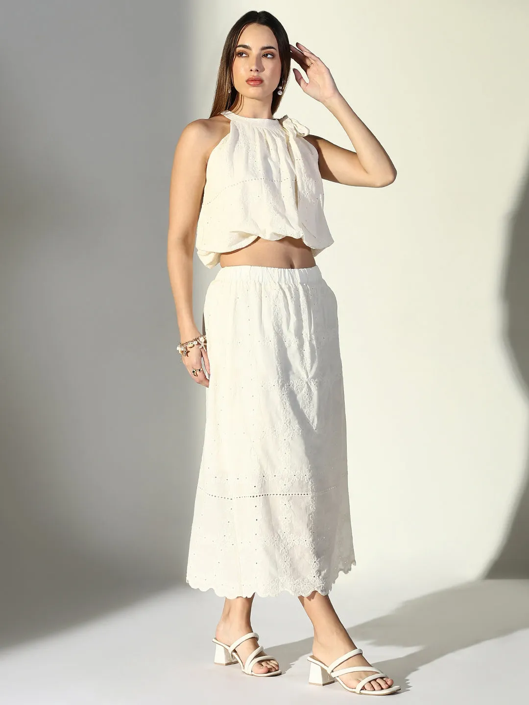 Women Embroidered Cream Co Ords Set